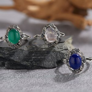 S925 Sterling Silver Natural Lapis Lazuli, Rose Quartz, Green Chalcedony, and Colorful Gemstone Thai Silver Ring